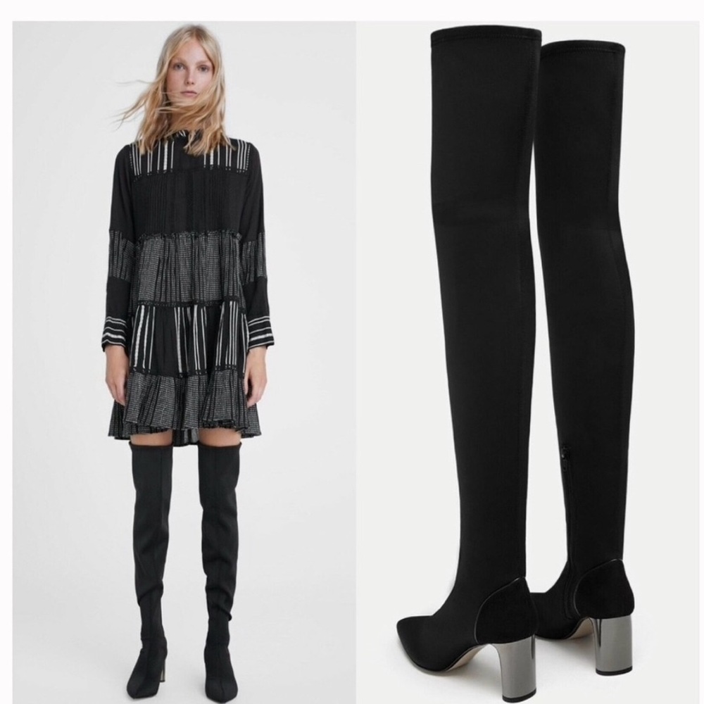 ZARA Over the Knee Stretch Black Boots Silver Heel Size 8 Thigh High Neoprene